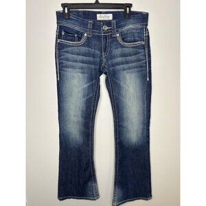 Day trip Aquarius Flare jeans Sz 27S Dark wash faded thighs, detailed pockets